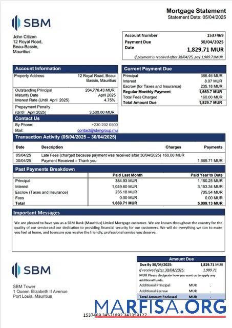Downloadable Mauritius SBM Bank (Mauritius) Limited mortgage statement Word and PDF template